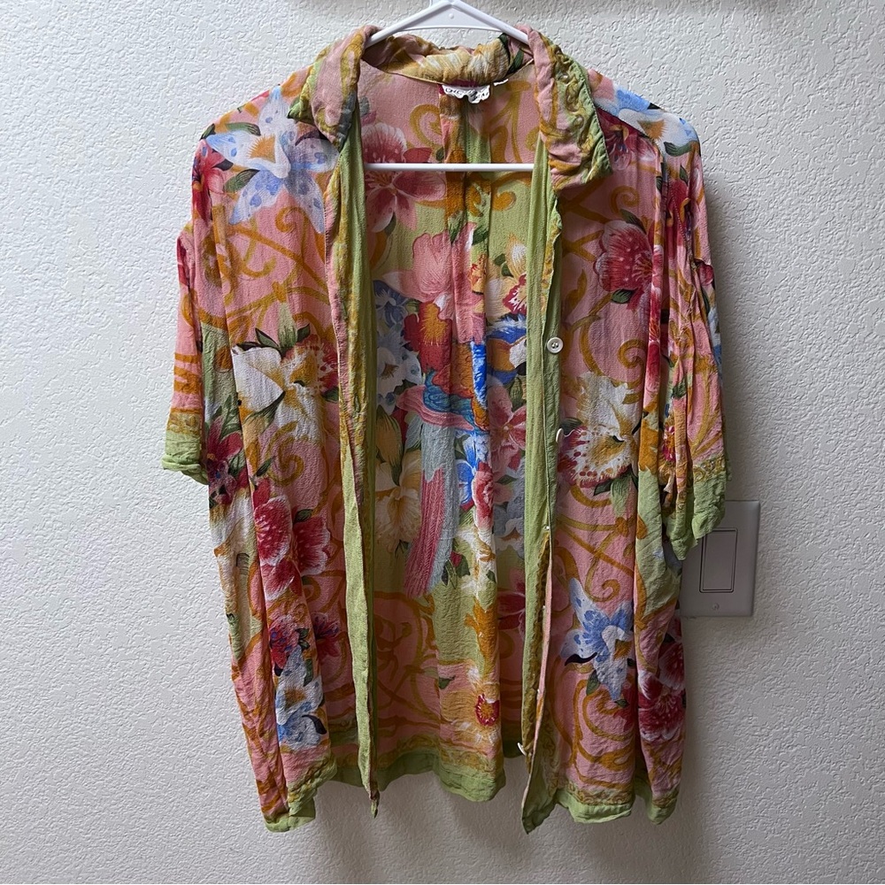 Giorgio Kauten silk Green Silk Button Shirt Medium unique parrot